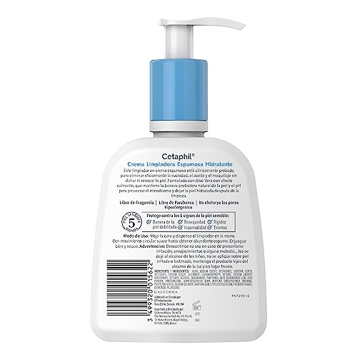 CETAPHIL Crema Limpiadora Espumosa Hidrantante, elimina la suciedad, aceite y maquillaje sin dañar la barrera de la piel, de 237 ml, Recomendada por Dermàtologos para Piel Sensible