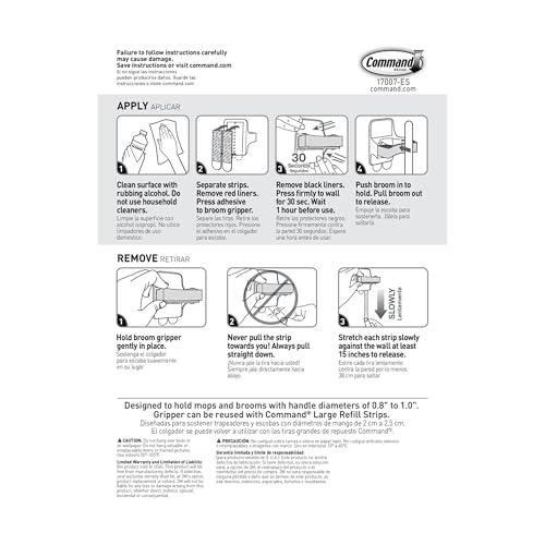 Command - Pinzas para escoba y fregona, 3 perchas y 6 tiras de comando, sin daños para colgar en la pared, soporte para escoba y fregona, organizador de limpieza del hogar para organización y