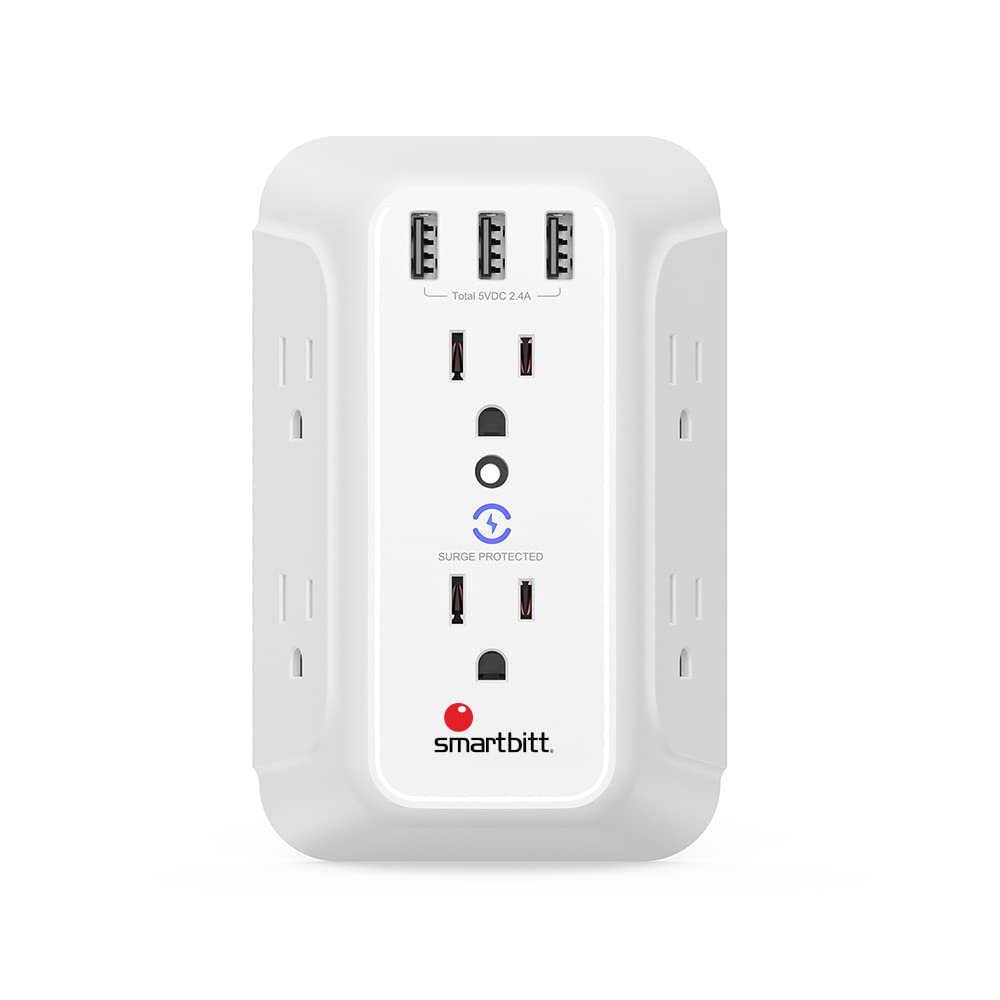 Supresor de Picos de Voltaje Smartbitt Negro con 6 Contactos, 2 Puertos USB Tipo A y 1 Puerto USB Tipo C