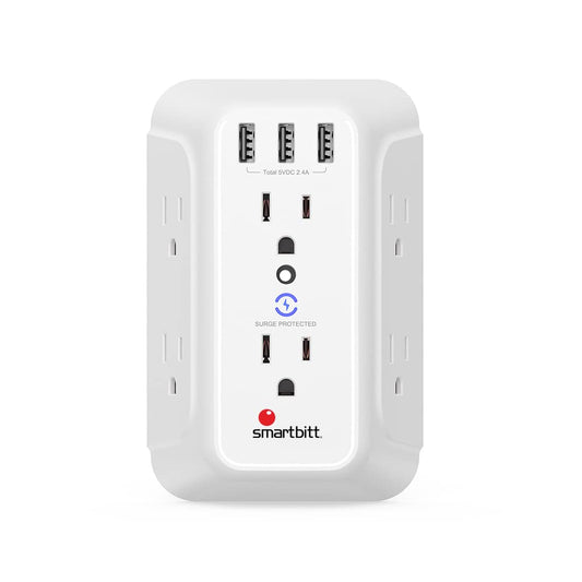 Supresor de Picos de Voltaje Smartbitt Negro con 6 Contactos, 2 Puertos USB Tipo A y 1 Puerto USB Tipo C