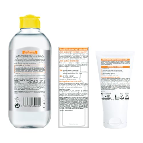 Kit Garnier Express Aclara Rutina anti manchas con Vitamina C: Sérum facial, agua micelar y todo-en-1 tono medio con FPS, 3 piezas. Hidrata, ilumina y unifica el tono de la piel