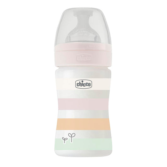 Chicco WELL-BEING Biberón Anticólicos de Flujo Lento, Biberón para Recién Nacidos de 0+ Meses con Tetina Physio de Silicona Suave y Acabado Soft Sense, Biberón de Plástico de 150 ml, Blanco