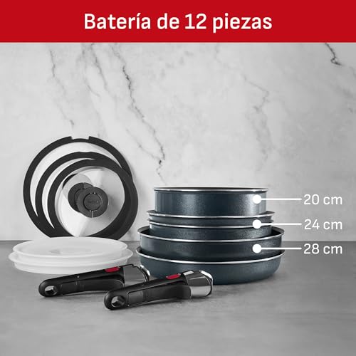 T-fal Ingenio XL Force Batería de Cocina de 12 piezas con Mango Removible, Antiadherente Titanium 2x, tecnología Termo-Señal y base de difusión, L1589002