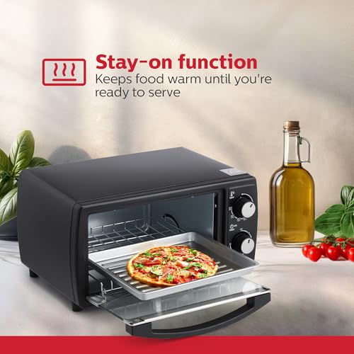 Holstein Housewares - Horno tostador de encimera de 4 rebanadas con temporizador de 60 minutos, incluye bandeja y estante de alambre, perfecto para hornear, asar y tostar, diseño compacto en negro