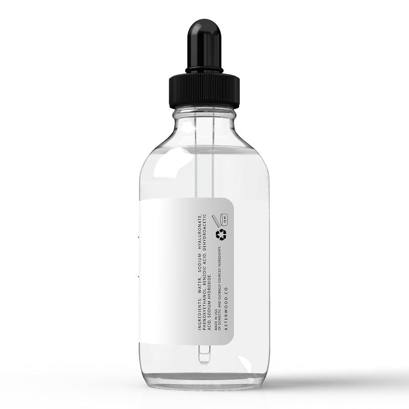 Hyaluronic Acid Serum 4 oz - 100% Pure Organic HA - Anti Aging Anti Wrinkle - Original Face Moisturizer for Dry Skin & Fine Lines - Leaves Skin Full & Plump ASTERWOOD NATURALS Dropper Bottle