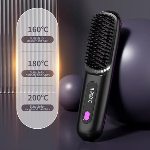 Cepillo de Alisador de Cabello Inalámbrico Portátil, Go Brush Pro Portable Cordless Hair Straightener Brush, Mini Cepillos con Calefacción de Cabello Recargable Eléctrico con Pantalla LED (Azul)