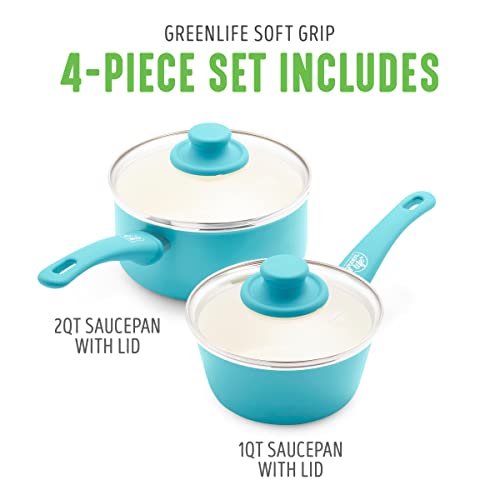 GreenLife - Juego de cacerolas antiadherentes de cerámica Soft Grip Healthy con tapas, 1 y 2 cuartos de galón, azul brillante