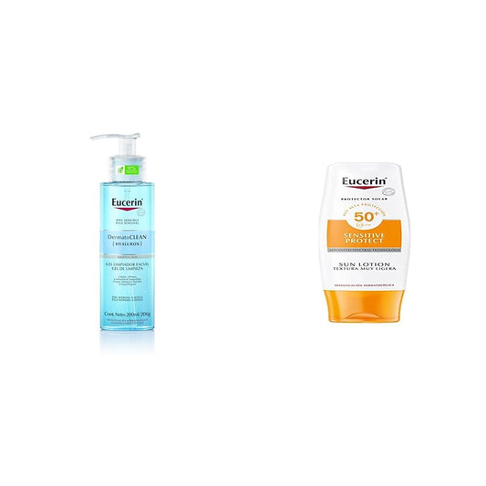 Eucerin Gel Limpiador Facial DermatoClean para piel normal a mixta, 200ml, empaque puede variar + Protector Solar Extra Ligero FPS50+ - 1 x 150 ml