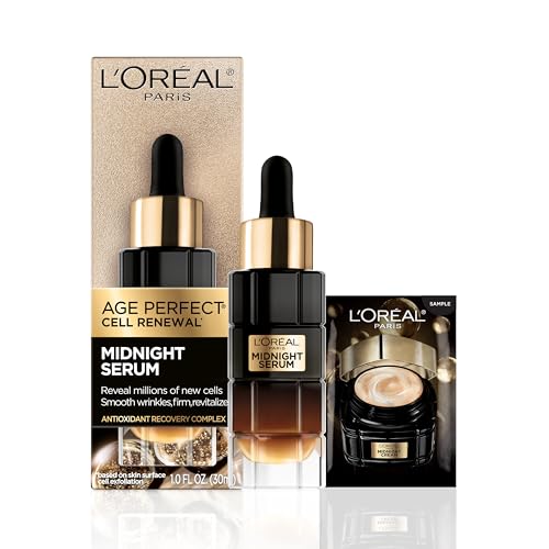 L'Oreal Paris Age Perfect Cell Renewal Midnight Anti-Aging Face Serum with Patented Antioxidant, Smooth Wrinkles, Firm, Revitalize + Eye Cream Sample