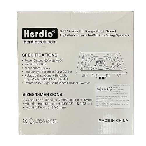 Herdio Altavoces de Techo de 5.25 Pulgadas, Altavoz de Pared de 2 vías de 160 W, Sistema de Altavoces Cuadrados de Montaje Empotrado para Cine en casa, Sala de Estar, Oficina