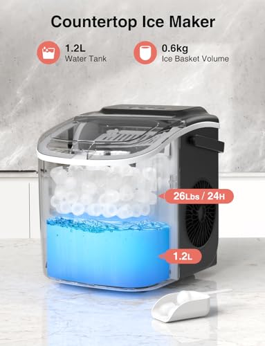 CROWNFUL - Encimera para máquina de hielo con asa, máquina de hielo autolimpiable con cuchara y cesta, 26 libras/24 horas, 9 cubos en 6 minutos, pequeña máquina de hielo portátil con cuchara y cesta