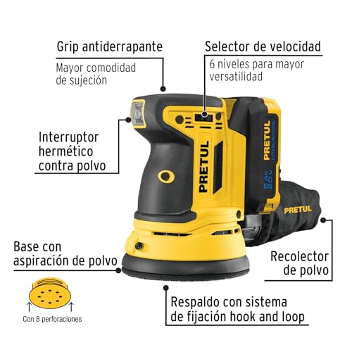 Lijadora Roto Orbital Pretul LIRI-20P Inalámbrica 5 Pulgadas 20V con Batería 2Ah
