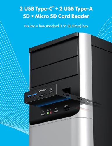 GRAUGEAR Hub USB de panel frontal de 3.5 pulgadas con lector de tarjetas interno, USB 3.2 Gen2 USB-C, puertos USB 3.0, ranuras para tarjetas SD MicroSD/TF, cabezal de llave A de 20 pines y conexión de alimentación SATA, bahía de 3.5 pulgadas [G-MP01CR]