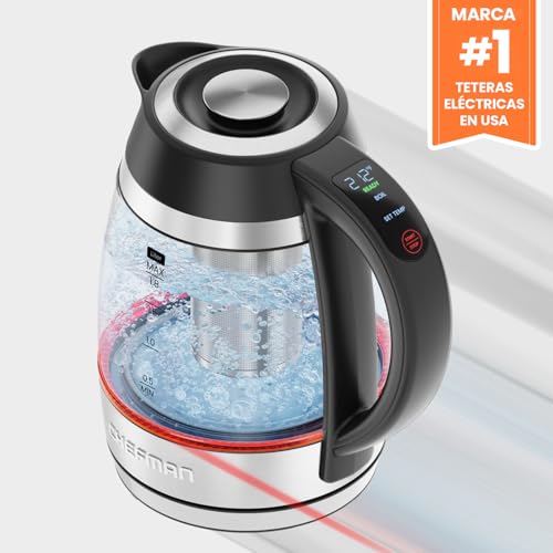 Chefman Hervidor eléctrico con control de temperatura, infusor de té extraíble, 5 luces indicadoras LED preestablecidas, base giratoria de 360°, sin BPA, acero inoxidable, 1,8 litros