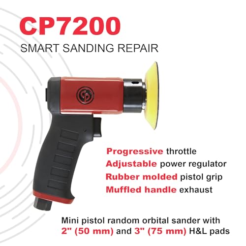 Chicago Pneumatic CP7200 - Herramienta de lijadora giratoria aleatoria de aire, mejora del hogar, herramientas de carpintería, pulidor, eliminación de óxido, resistente, herramienta giratoria, mango de pistola, gancho y bucle, 3 pulgadas (75 mm), 15000 RP