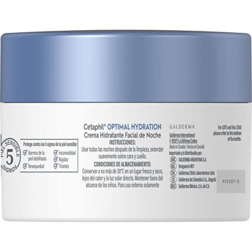 CETAPHIL Optimal Hydration Loción Hidratante Facial de Noche 1 pz 48 g Ácido Hialurónico Aumenta Hidratación 50% Recomendada por Dermatólogos para Piel Sensible