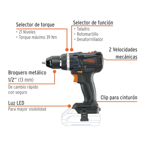 Truper Max MAX-20RS, Rotomartillo inalámbrico 1/2", motor libre de carbones (brushless), sin accesorios