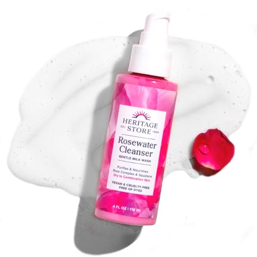 Heritage Store Limpiador de agua de rosas, lavado de leche equilibrado con pH | purifica y nutre | piel seca a mixta | Vegano | 4 oz
