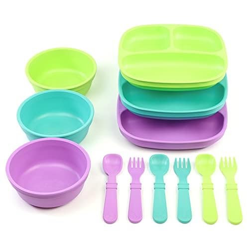 Re-Play - Juego de vajilla para niños pequeños, 3 platos divididos, 3 cuencos de aperitivos y 3 juegos de tenedor y cuchara, vajilla para niños sin BPA, apto para lavaplatos, fabricado en Estados