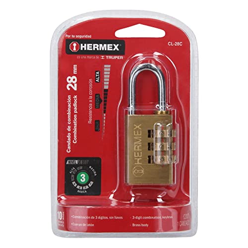 Hermex CL-28C, Candado de latón, de combinación, 28mm, blíster