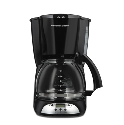 Hamilton Beach Cafetera programable de 12 tazas Hamilton Beach, jarra de vidrio, negro y plateado, 49465R
