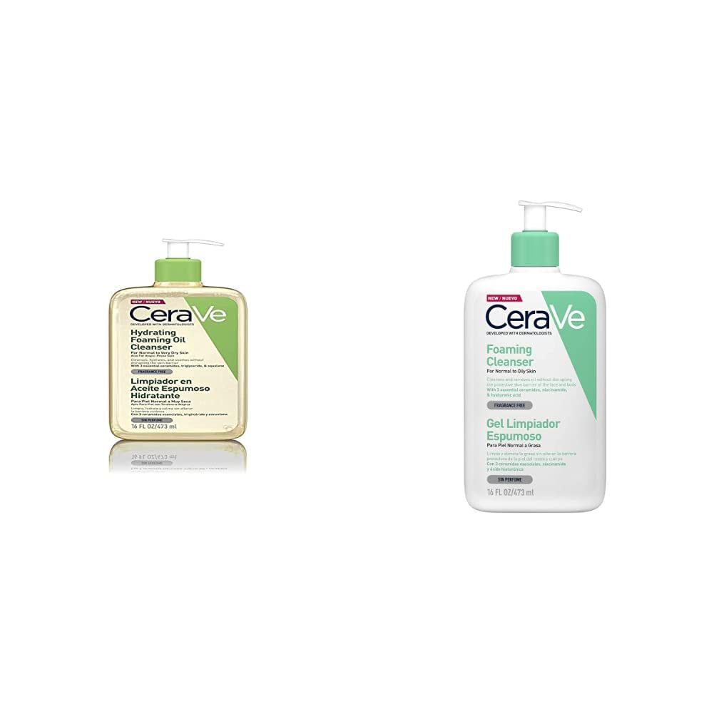 Cerave Hydrating Oil Cleanser Normal to Dry Skin 473 ml + Gel Limpiador Espumoso |473ml| Limpiador diario para piel mixta, grasa o con acné | Libre de fragancia