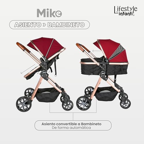 INFANTI | Carriola para Bebe MIKE Vino | Carreola con Portabebé - Carriola de Viaje Plegable - Carrito para Bebe Travel System con Asiento Reversible | Cosas para Bebes Recien Nacidos hasta 15 kg