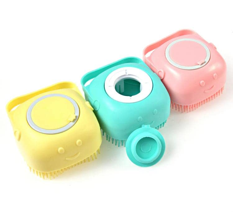 Cepillo de baño para perros y gatos, cepillo de champú de silicona suave, cepillo de masaje para mascotas, cepillo de ducha de aseo, cepillo de masaje para cachorros, dispensador de champú. (Yellow)