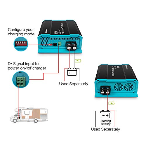 Renogy Cargador de batería a bordo de 12 V 20 A CC a CC para inundados, gel, AGM y litio, utilizando carga multietapa en caravanas, vehículos comerciales, barcos, yates, 20 A