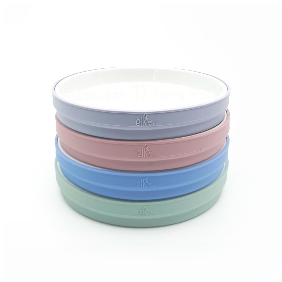 Elk and Friends Kids - Platos blancos de porcelana de 7.8 pulgadas con mangas de silicona, adecuados para bebés/niños pequeños, aptos para microondas y lavaplatos, vajilla antideslizante, platos de