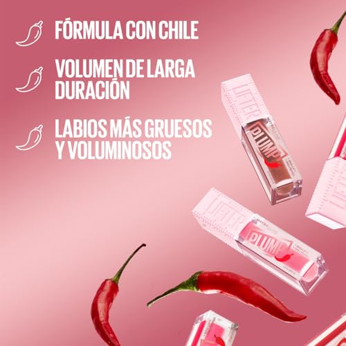 Maybelline Gloss rellenador de labios, Lifter Plump, tono Blush Blaze 001, 5.4 ml - Brillo labial voluminizador, volumen instantáneo y duradero, fórmula picante