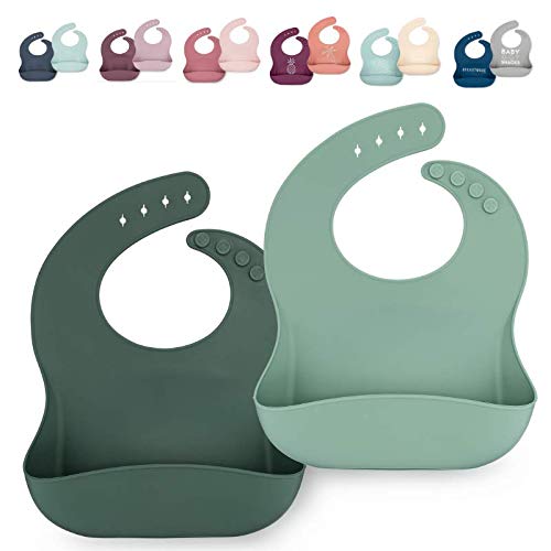 AVA + OLIVER - Juego de baberos de silicona impermeable con cuello ajustable, baberos de silicona duraderos para bebés y niños pequeños - Babero profundo con bolsillo para recoger alimentos sin