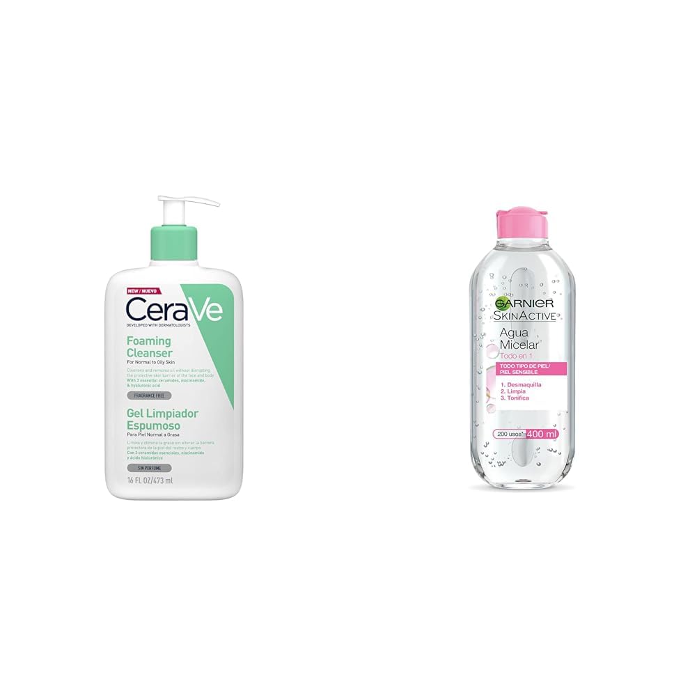 CeraVe Gel Limpiador Espumoso Libre de Fragancia para Piel Normal o Grasa - 1 x 473 ml + Garnier Skin Naturals Face Agua Micelar Desmaquillante para Todo Tipo de Piel, 400 ml, 1 unidad