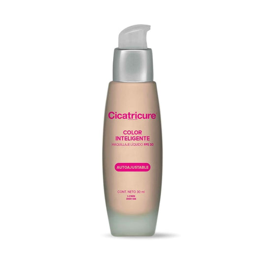 CICATRICURE - Maquillaje líquido color inteligente FPS 30. Efecto anti-arrugas y protección solar, tono auto-ajustable con pigmentos que se adaptan al color de la piel, presentación de 30ml
