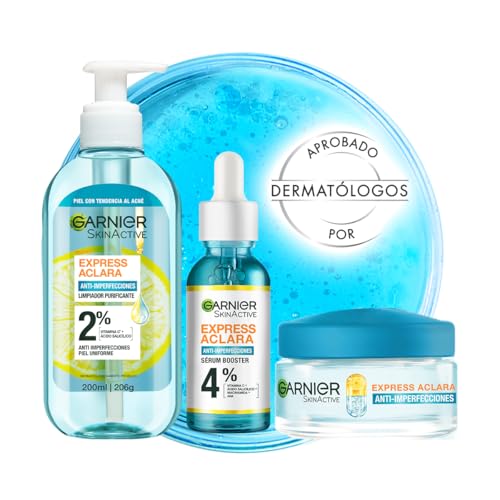 Kit Garnier Express Anti Imperfecciones para piel grasa con Ácido Salicílico + Vitamina C: Gel Limpiador Facial + Serum anti acne + Crema Facial Hidratante Matificante en Gel