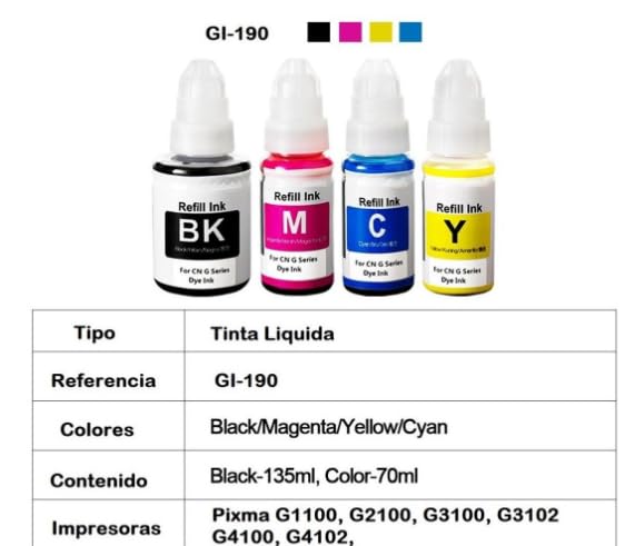 Genérico Tinta para impresoras Canon Pixma, G3160, G3100, G1110, G2160, G2111, G3000, G2100, G3110, G7010, G5010, G6010, G4010. Gi190, G2110, G4110