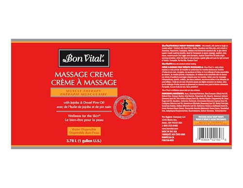 Bon Vital' Muscle Therapy Massage Crème, Professional Massage Cream with Dwarf Pine Oil & Essential Oils for Relaxation & Sore Muscle Relief, Deep Tissue & Sports Massage Techniques, 1 Gallon Jar