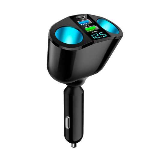 Divisor para encendedor de cigarrillos de coche, adaptador de encendedor de cigarrillos de 2 sockets con voltímetro LED, doble USB QC3.0 tipo C 20 W PD cargador rápido de coche, adaptador divisor de