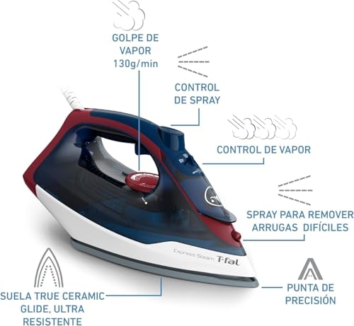 Plancha de Vapor T-FAL Navy Vino Suela de Cerámica True Ceramic Glide Planchado Rápido