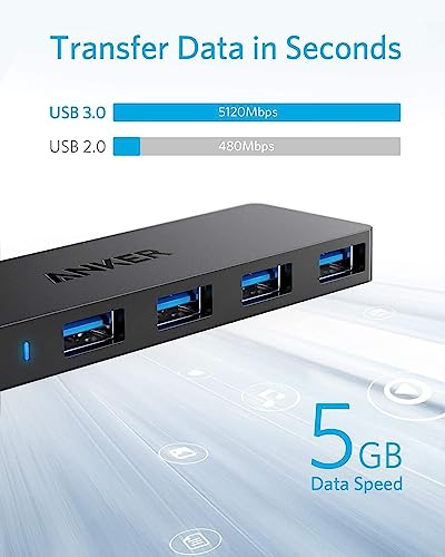 Hub USB 3.0 de 4 Puertos Anker Ultra Slim con Cable de 2 Pies para MacBook, Mac Pro, Mac Mini, iMac, Surface Pro, XPS, PC, Flash Drive y HDD Móvil