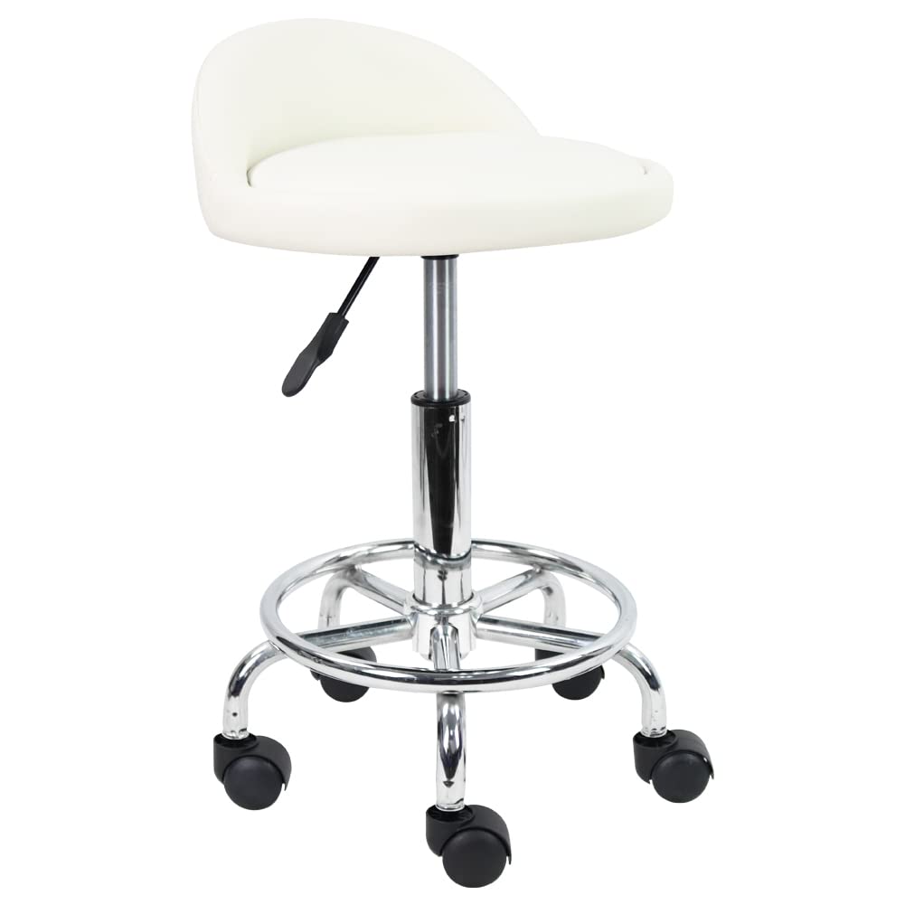 KKTONER Taburete de Cuero Artificial con Respaldo Giratorio Bancos con Ruedas de Altura Ajustable con Ruedas para Pintar Tatuaje Masaje SPA Tienda Taburete de Trabajo con Pedal(Blanco)