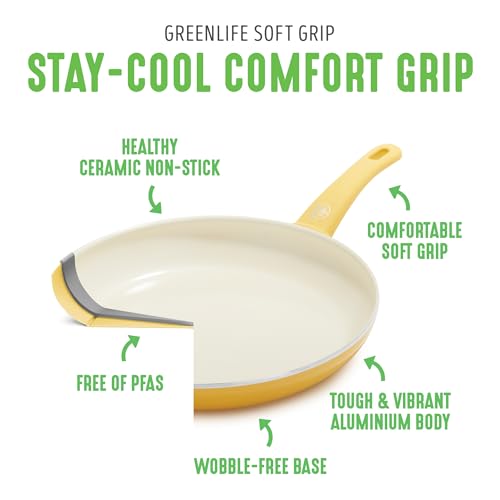 GreenLife - Juego de utensilios de cocina de agarre suave de 16 piezas, no tóxicos, sin PFAS, cerámica antiadherente, freír, salsa, saltar, utensilios, tapas de vidrio, asas que se mantienen frescas,