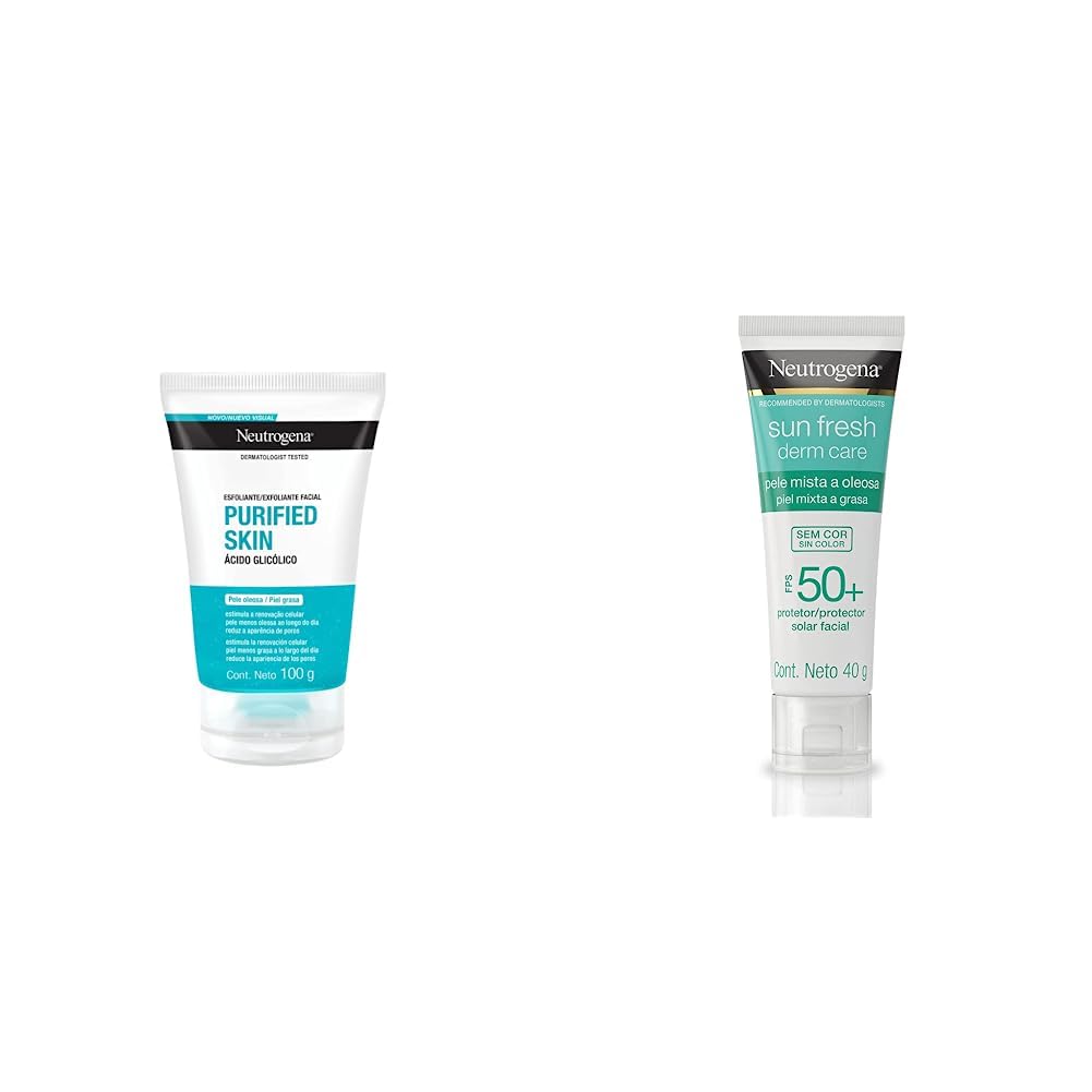 Exfoliante Facial Neutrogena Purified Skin Ácido glicólico 100 g, 1 + Sun fresh Protector Solar Facial sin color Dermcare Niacinamida FPS50+, 40g