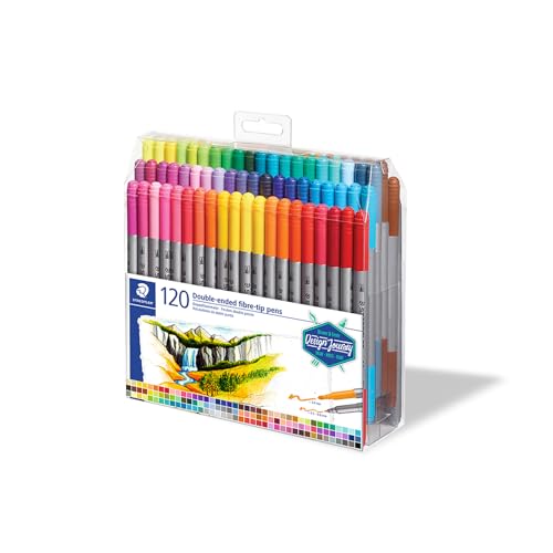 Staedtler bolígrafos de punta de fibra de doble punta, tinta lavable, puntas de escritura fina y negrita, 120 colores surtidos, 3200 TB120, multicolor (3200 TB120ST)