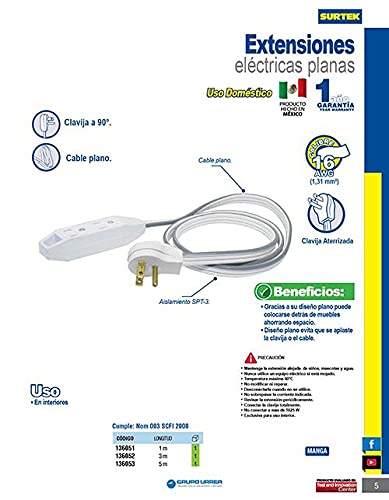 Surtek 136051 Extensión Eléctrica Plana Aterrizada, 1 m