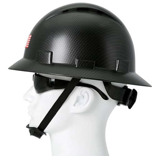 Casco de ala completa de fibra de carbono negro mate con gafas de seguridad y forro para hombres y mujeres, OSHA para construcción, seguridad con correa de barbilla y visera solar, perfil bajo
