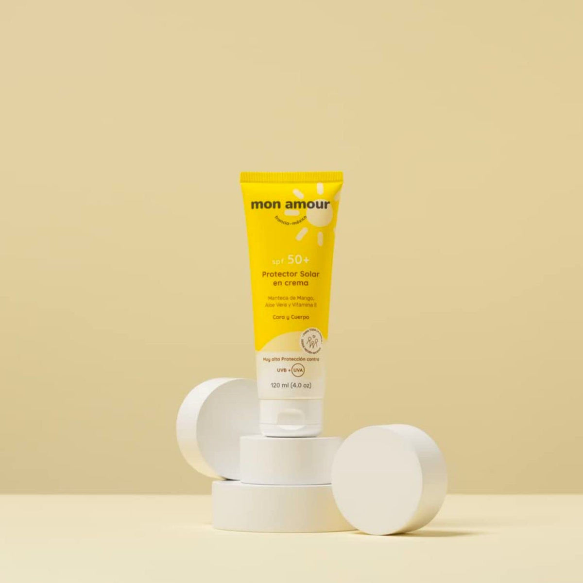 Mon Amour Protector Solar De Alta Protección SPF 50+ En Crema Para Cuerpo y Cara Con Activos Naturales de Manteca de Mango y Aloe Vera Para Pieles Delicadas De Bebés, Niños y Toda La Familia Desde Recién Nacidos 120 ML