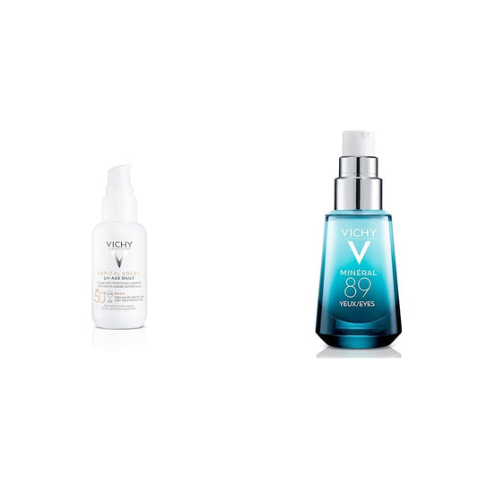 Vichy Vichy protector solar facial fluido anti edad con vitamina e capital soleil uv-age fps50+ 40ml + Minéral 89 Contorno de Ojos - Gel con Ácido hialurónico y Cafeína pura