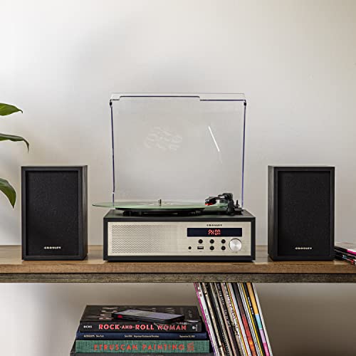 Crosley CR7022A-BK Sloane - Tocadiscos Bluetooth de 3 velocidades y Sistema de Estante de Radio FM con Altavoces estéreo a Juego, Color Negro