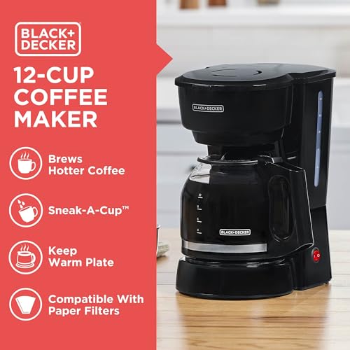 BLACK+DECKER CM0915BKD - Cafetera de 12 tazas con interruptor de fácil encendido/apagado, jarra de fácil vertido, sin goteo con cesta de filtro extraíble, color negro